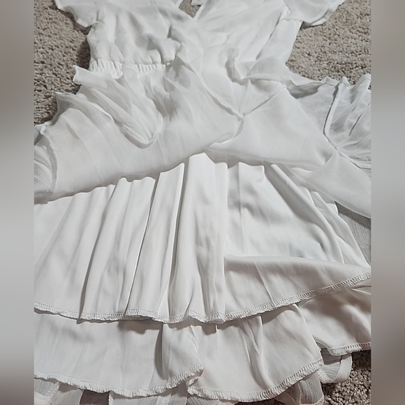 Francesca’s Mi Ami Gianne Godet White  Shiny Lined Wrap Mini Dress | Size Small. - Picture 8 of 12